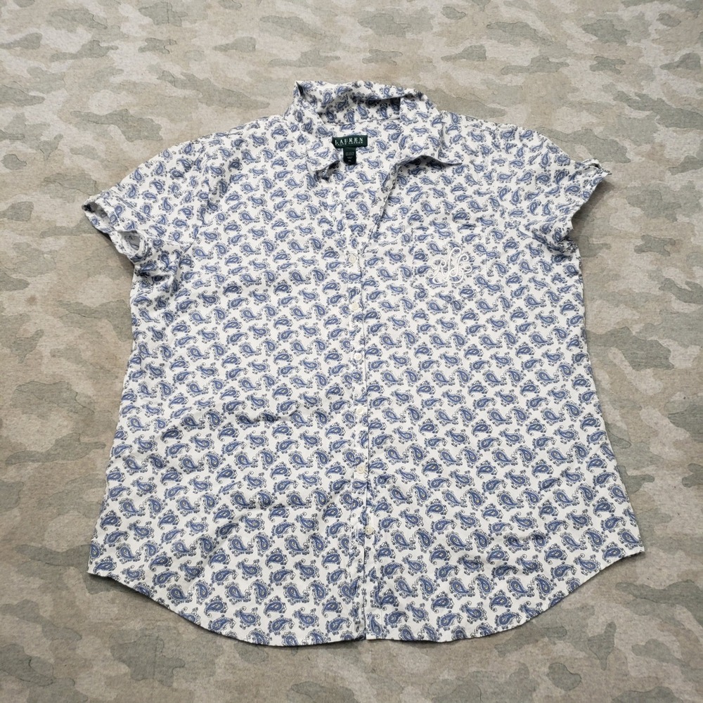 Lauren Ralph Lauren Top Womens XL Blue Paisley Short Sleeve Button Embroidered